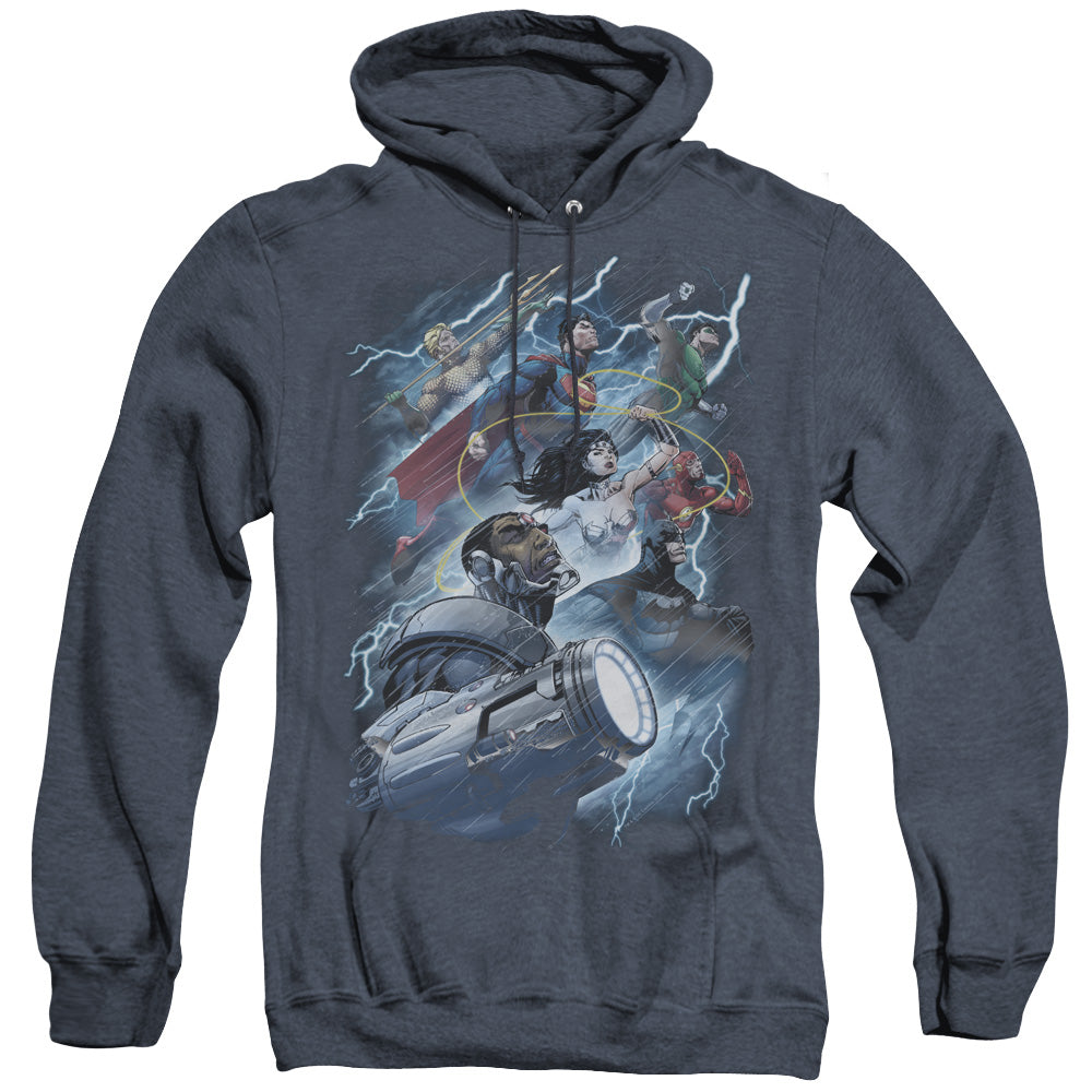 AN OFFCIALLY LICENSED JLA RIDE THE LIGHTENING ADULT UNISEX HEATHER PULLOVER HOODIE NAVY