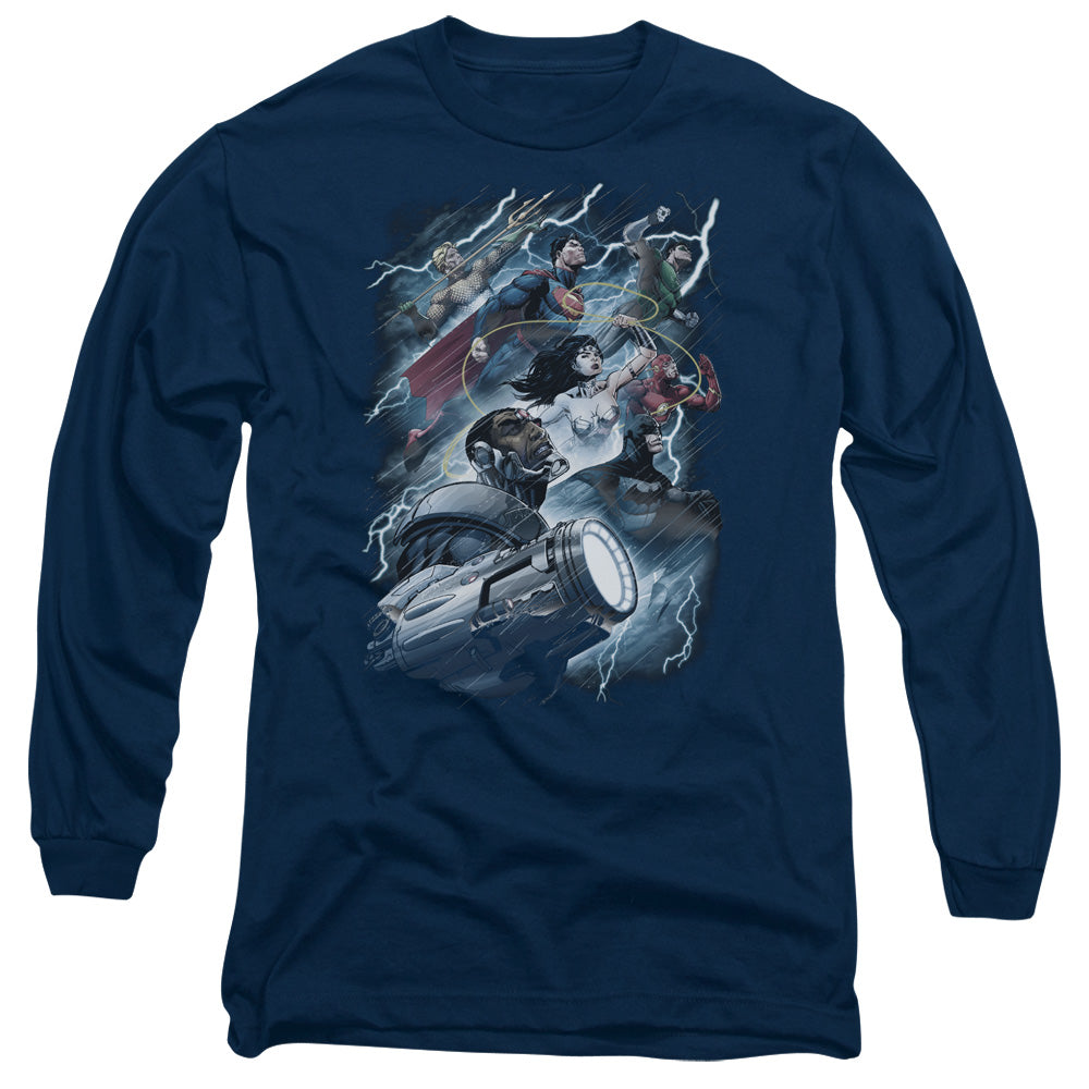 AN OFFCIALLY LICENSED JLA RIDE THE LIGHTENING MEN'S LONG SLEEVE T-SHIRT NAVY
