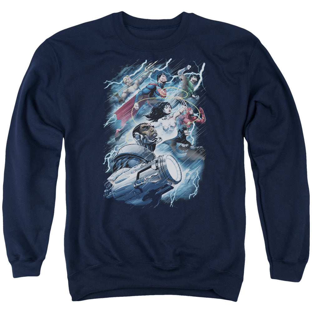 AN OFFCIALLY LICENSED JLA RIDE THE LIGHTENING ADULT UNISEX CREWNECK SWEATSHIRT NAVY