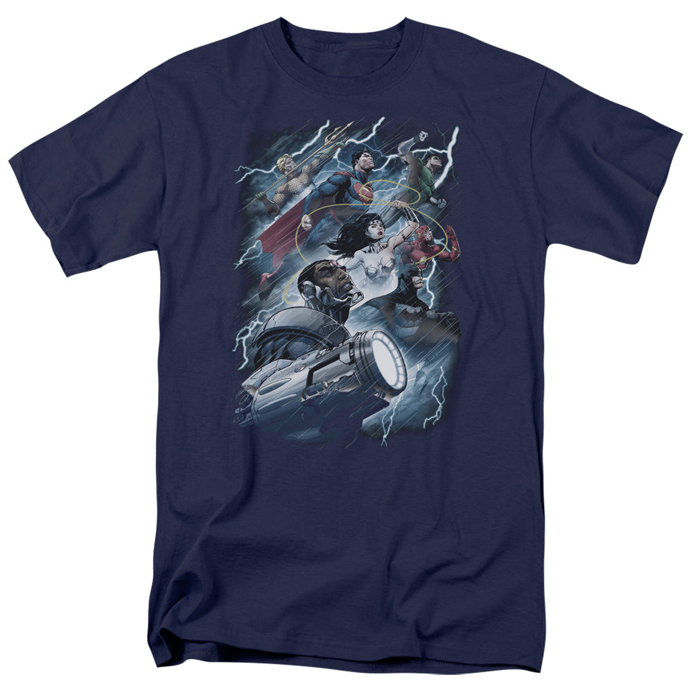 AN OFFCIALLY LICENSED JLA RIDE THE LIGHTENING MEN'S REGULAR FIT T-SHIRT NAVY