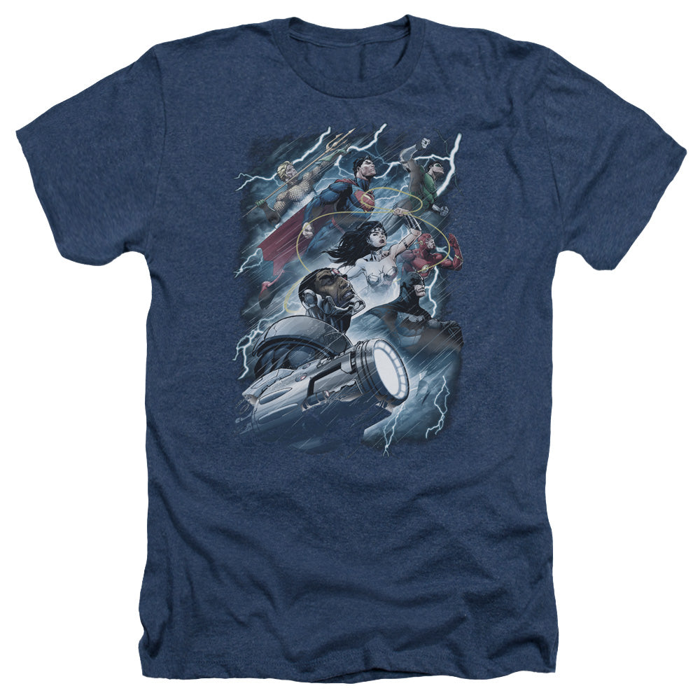 AN OFFCIALLY LICENSED JLA RIDE THE LIGHTENING MEN'S HEATHER T-SHIRT NAVY