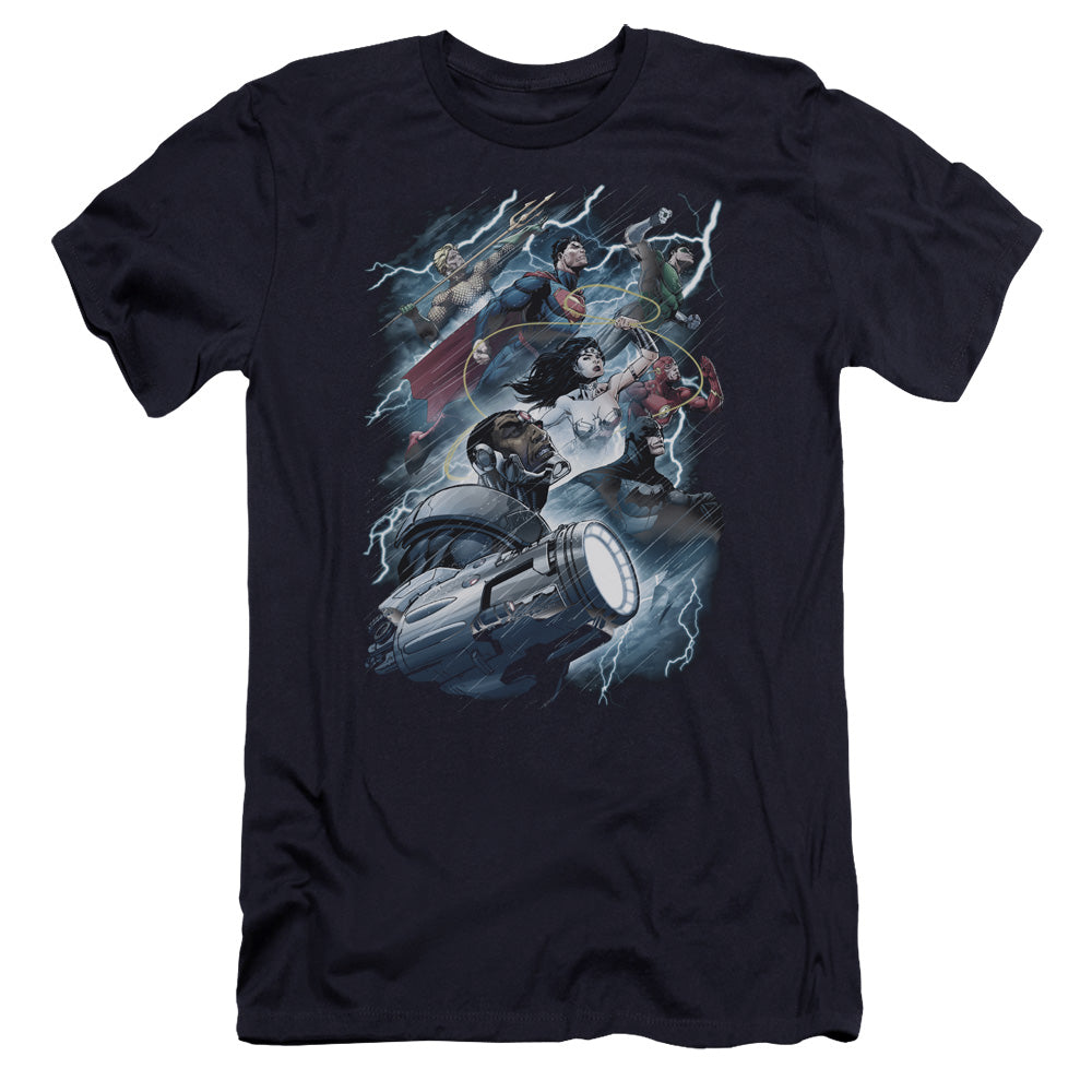 AN OFFCIALLY LICENSED JLA RIDE THE LIGHTENING MEN'S PREMIUM SLIM FIT T-SHIRT NAVY