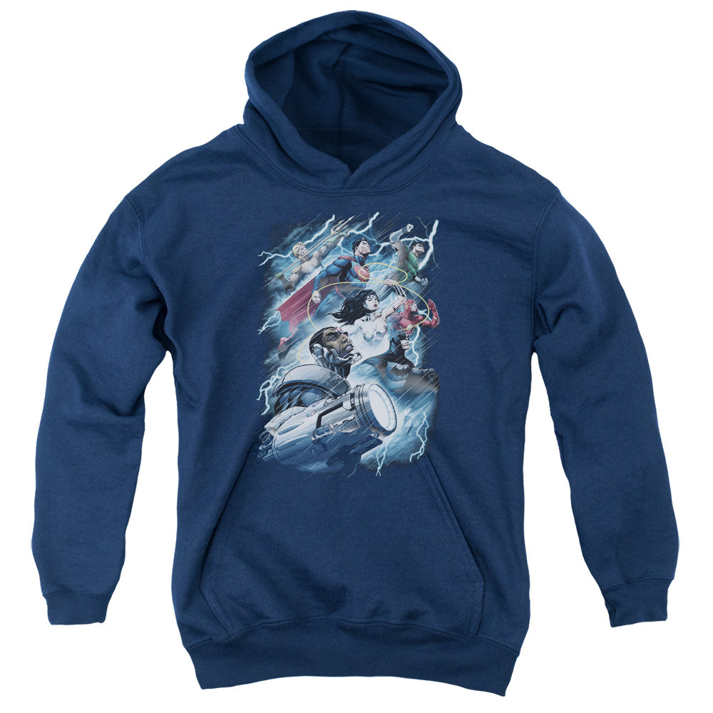AN OFFCIALLY LICENSED JLA RIDE THE LIGHTENING YOUTH HOODIE NAVY