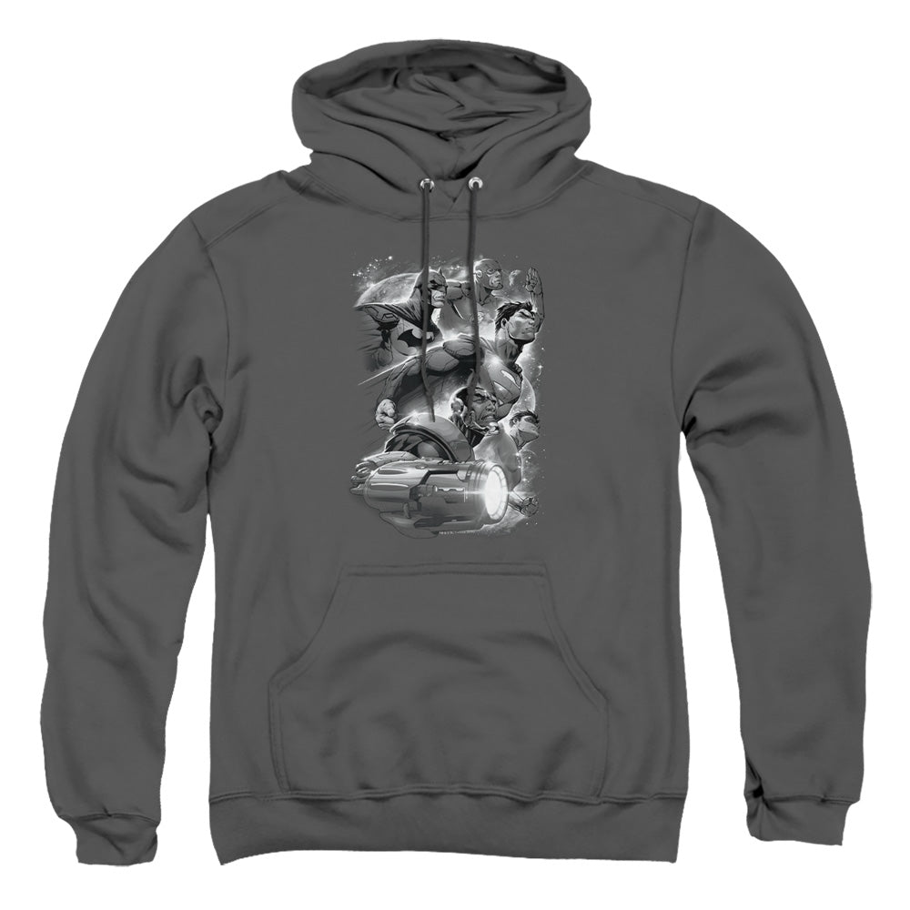 AN OFFCIALLY LICENSED JLA ATMOSPHERIC ADULT UNISEX PULLOVER HOODIE CHARCOAL