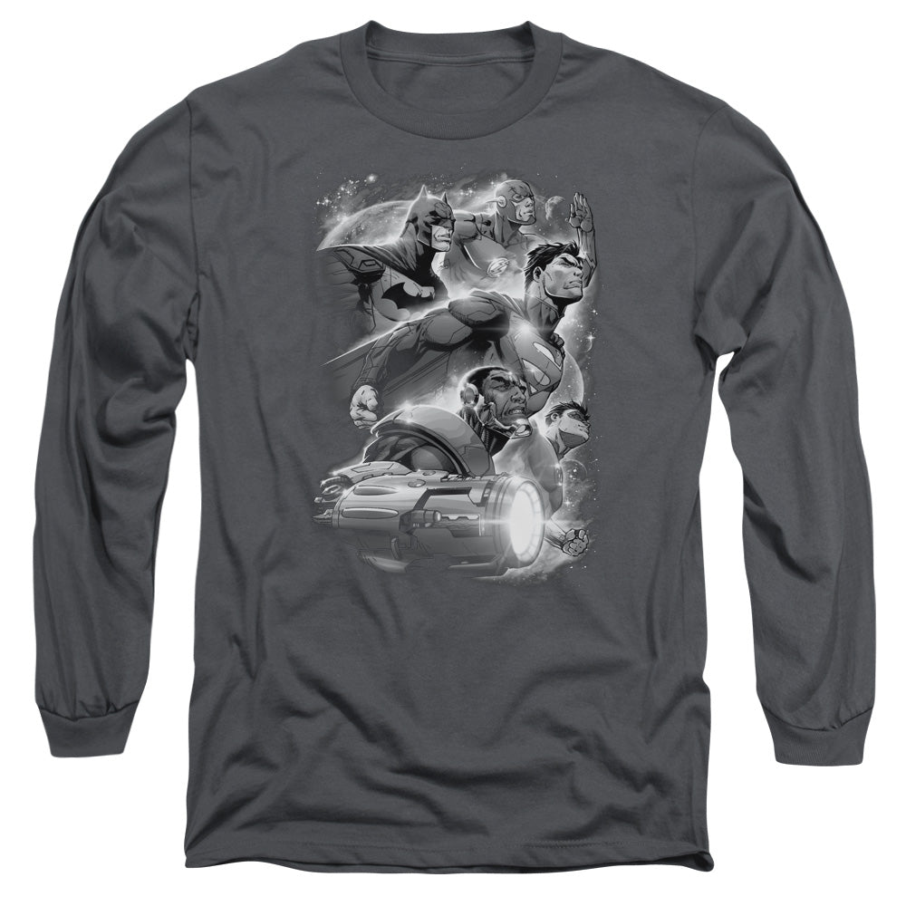 AN OFFCIALLY LICENSED JLA ATMOSPHERIC MEN'S LONG SLEEVE T-SHIRT CHARCOAL