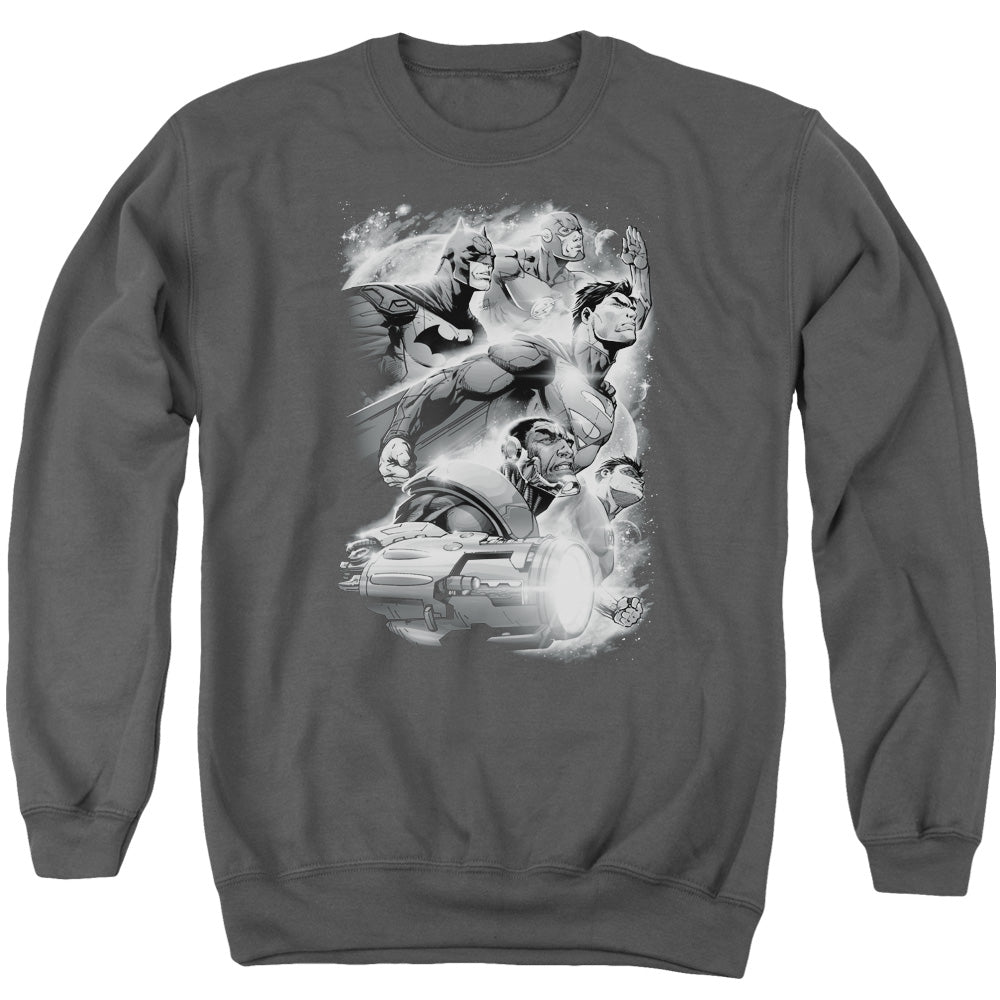 AN OFFCIALLY LICENSED JLA ATMOSPHERIC ADULT UNISEX CREWNECK SWEATSHIRT CHARCOAL