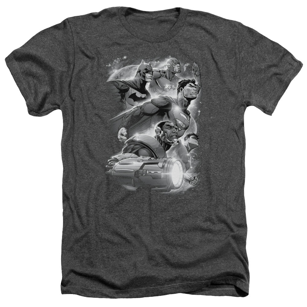 AN OFFCIALLY LICENSED JLA ATMOSPHERIC MEN'S HEATHER T-SHIRT CHARCOAL