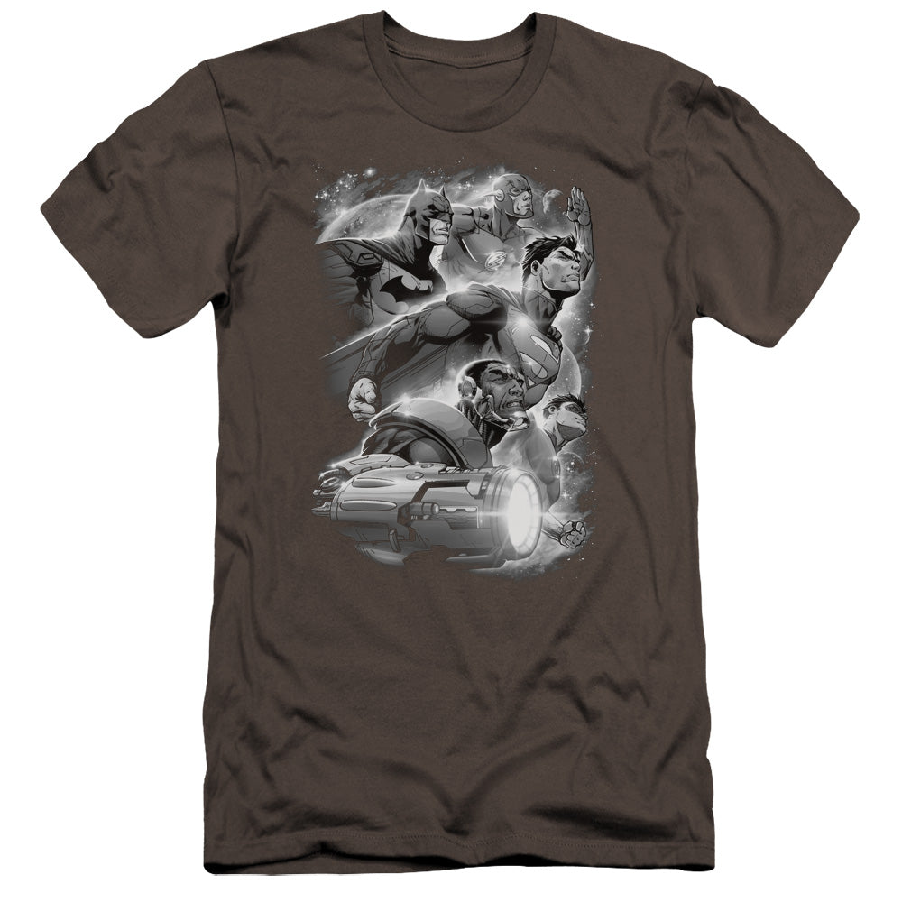 AN OFFCIALLY LICENSED JLA ATMOSPHERIC MEN'S PREMIUM SLIM FIT T-SHIRT CHARCOAL