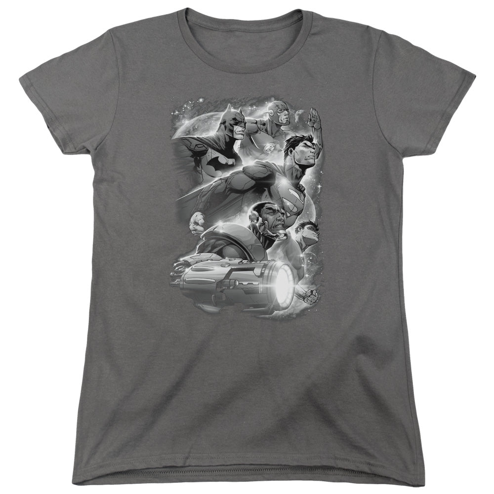 AN OFFCIALLY LICENSED JLA ATMOSPHERIC WOMEN'S REGULAR FIT T-SHIRT CHARCOAL