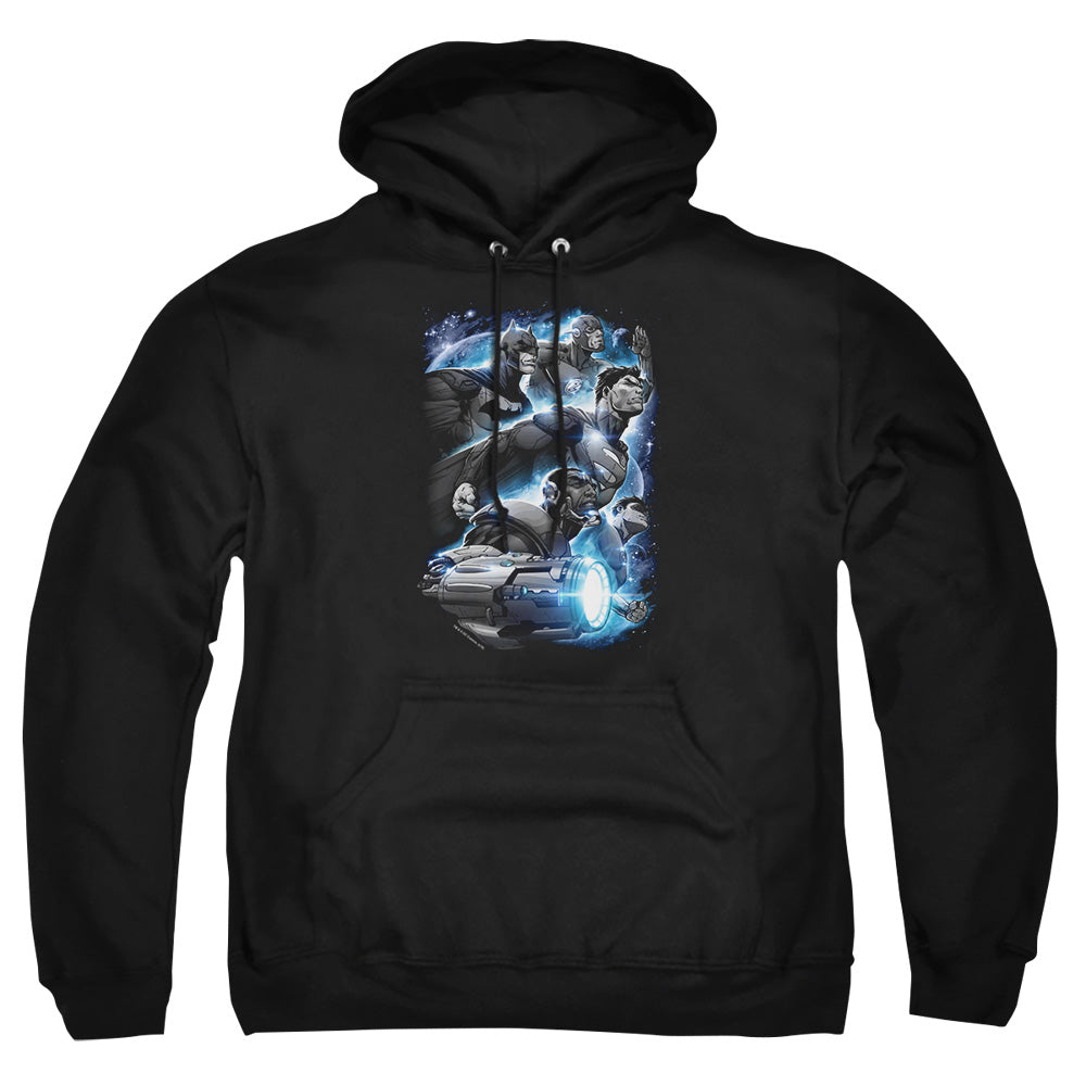 AN OFFCIALLY LICENSED JLA ATMOSPHERIC ADULT UNISEX PULLOVER HOODIE BLACK