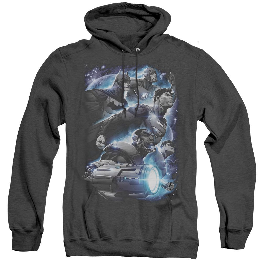 AN OFFCIALLY LICENSED JLA ATMOSPHERIC ADULT UNISEX HEATHER PULLOVER HOODIE BLACK