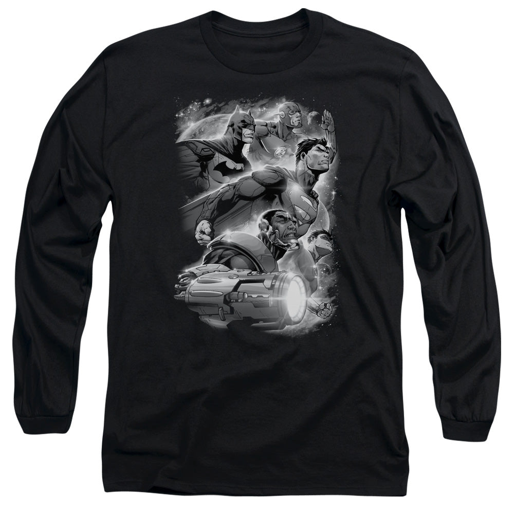 AN OFFCIALLY LICENSED JLA ATMOSPHERIC MEN'S LONG SLEEVE T-SHIRT BLACK