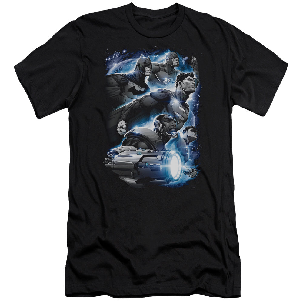 AN OFFCIALLY LICENSED JLA ATMOSPHERIC MEN'S PREMIUM SLIM FIT T-SHIRT BLACK