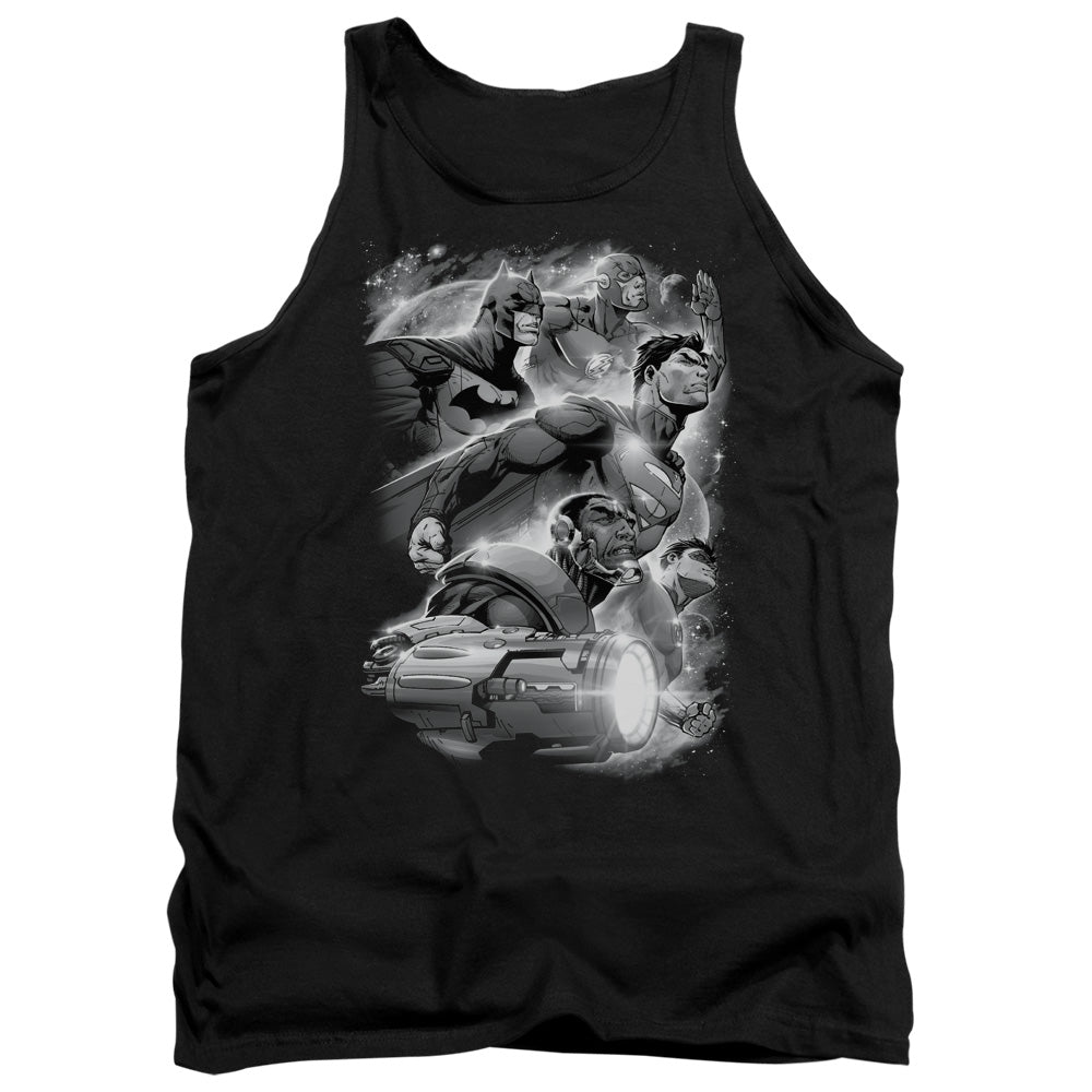 AN OFFCIALLY LICENSED JLA ATMOSPHERIC ADULT UNISEX TANK TOP BLACK