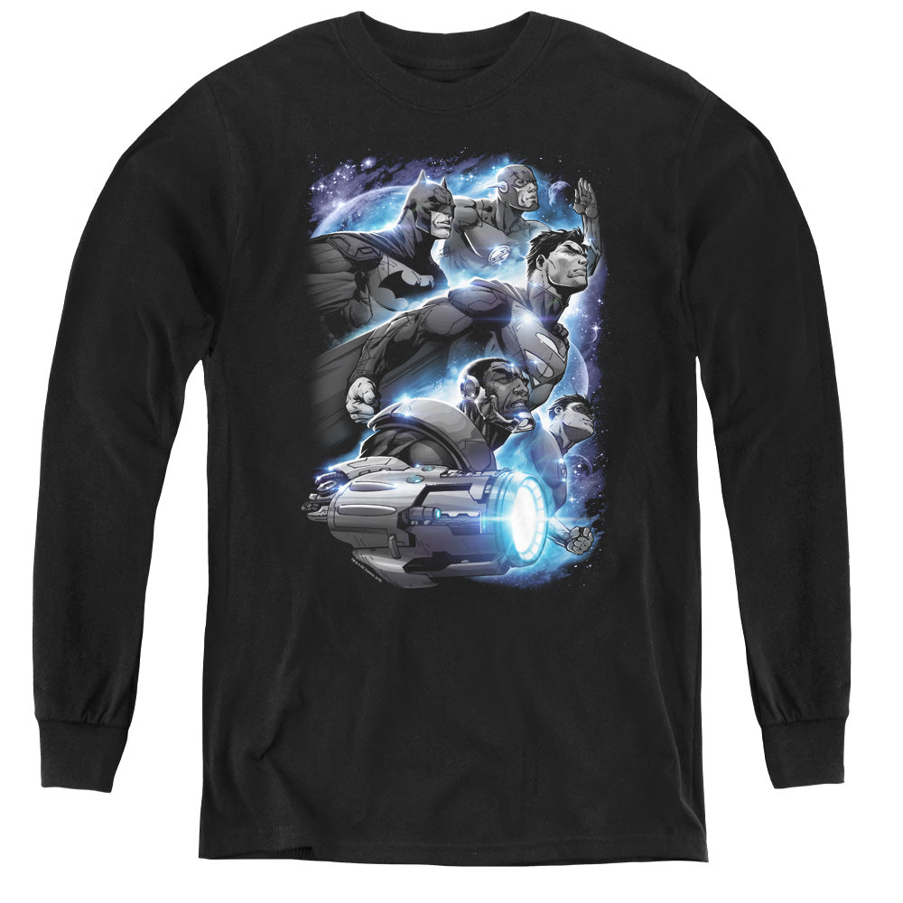 AN OFFCIALLY LICENSED JLA ATMOSPHERIC YOUTH LONG SLEEVE T-SHIRT BLACK