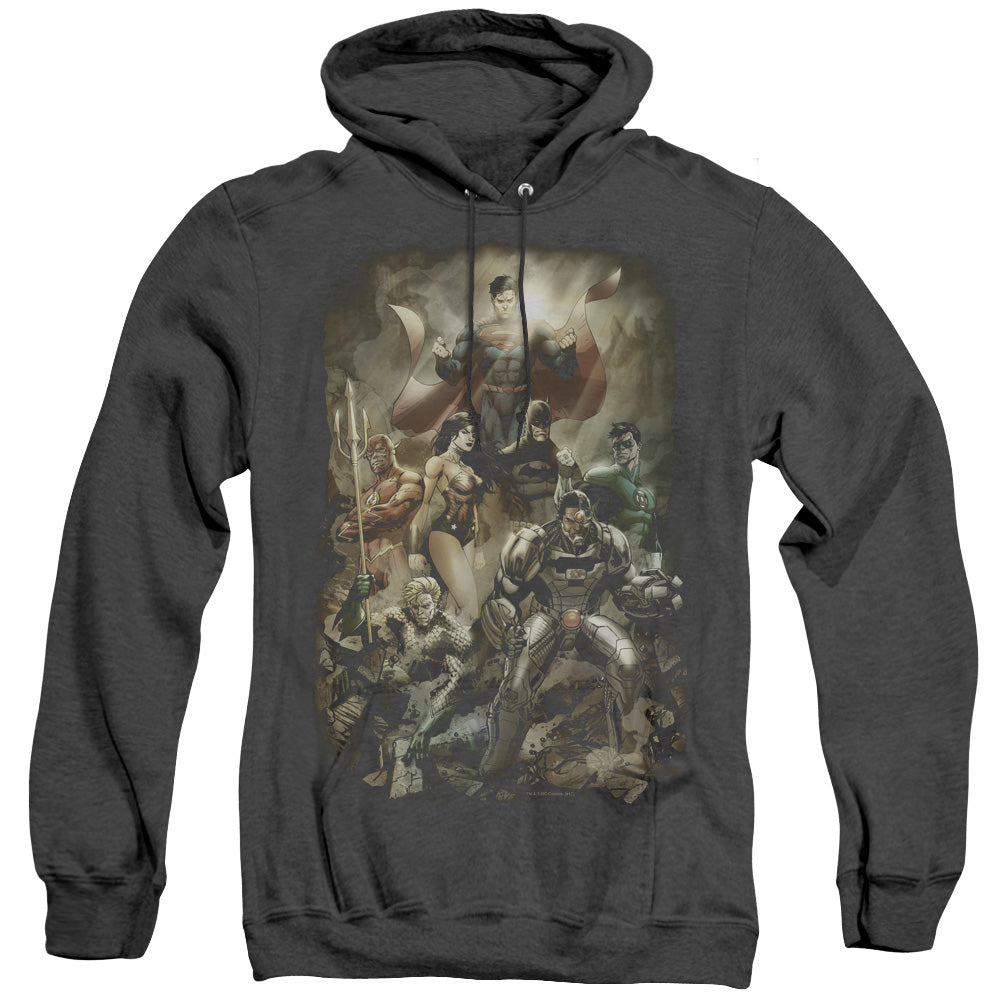 AN OFFCIALLY LICENSED JLA AFTERMATH ADULT UNISEX HEATHER PULLOVER HOODIE BLACK