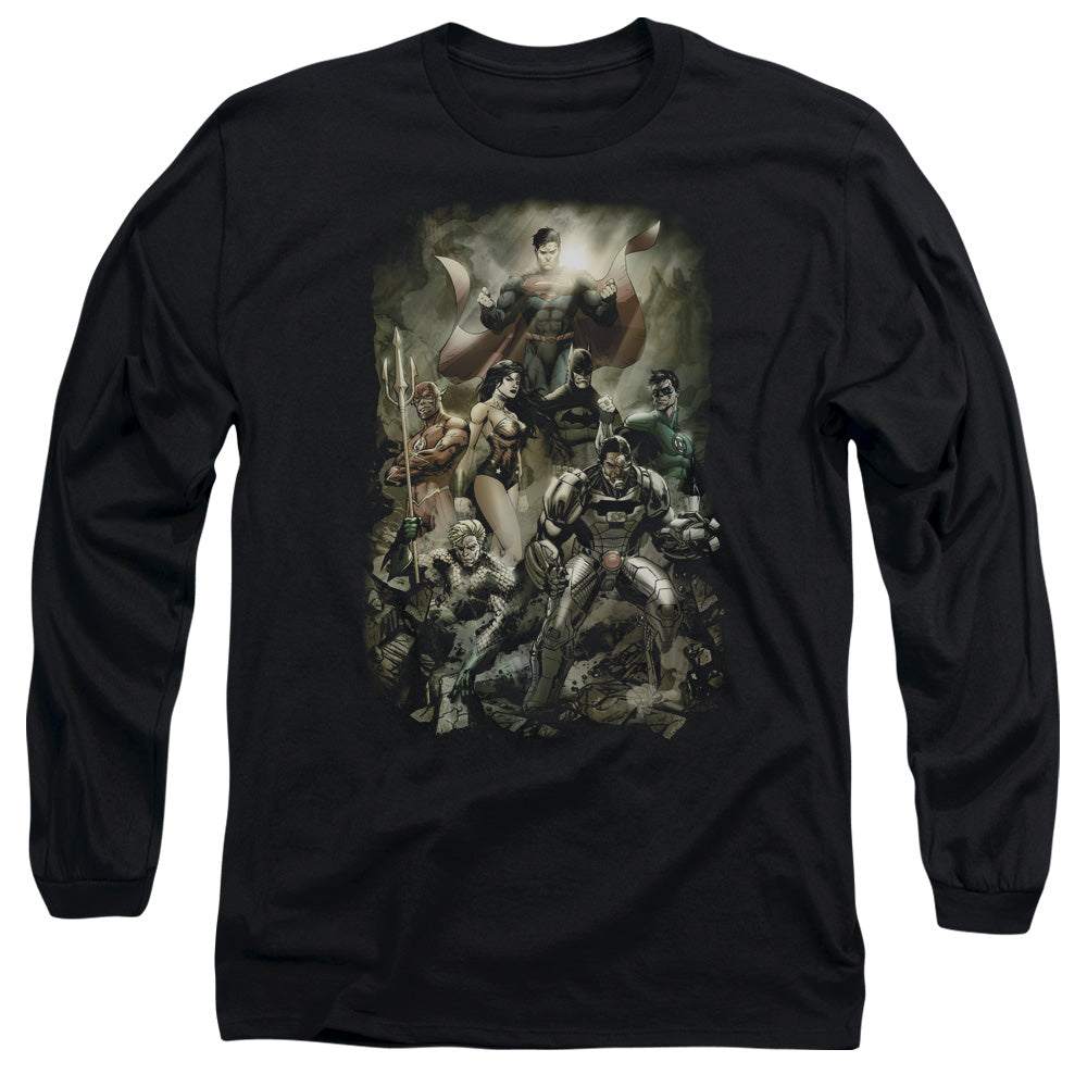 AN OFFCIALLY LICENSED JLA AFTERMATH MEN'S LONG SLEEVE T-SHIRT BLACK