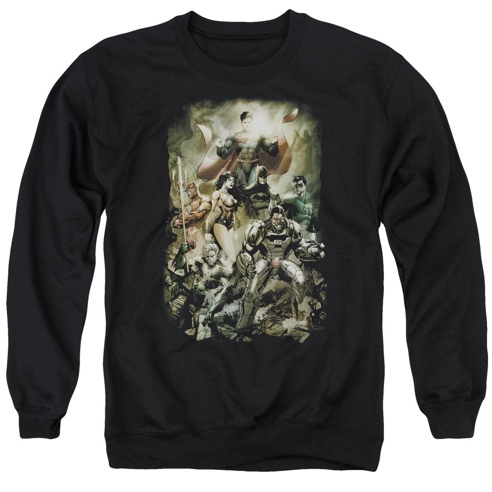 AN OFFCIALLY LICENSED JLA AFTERMATH ADULT UNISEX CREWNECK SWEATSHIRT BLACK