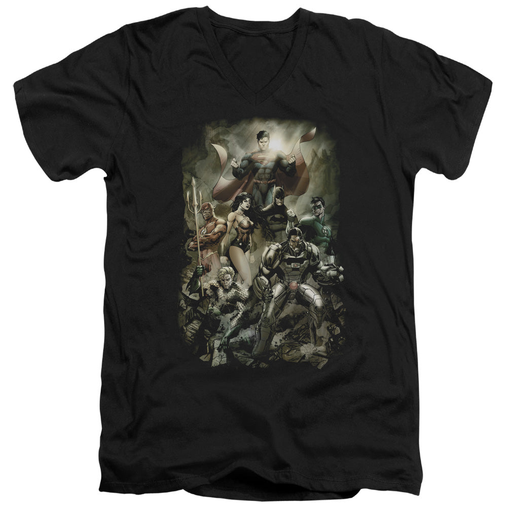 AN OFFCIALLY LICENSED JLA AFTERMATH MEN'S V-NECK T-SHIRT BLACK