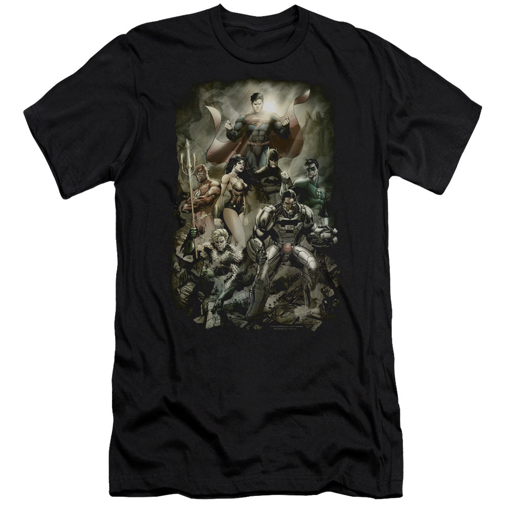 AN OFFCIALLY LICENSED JLA AFTERMATH MEN'S PREMIUM SLIM FIT T-SHIRT BLACK