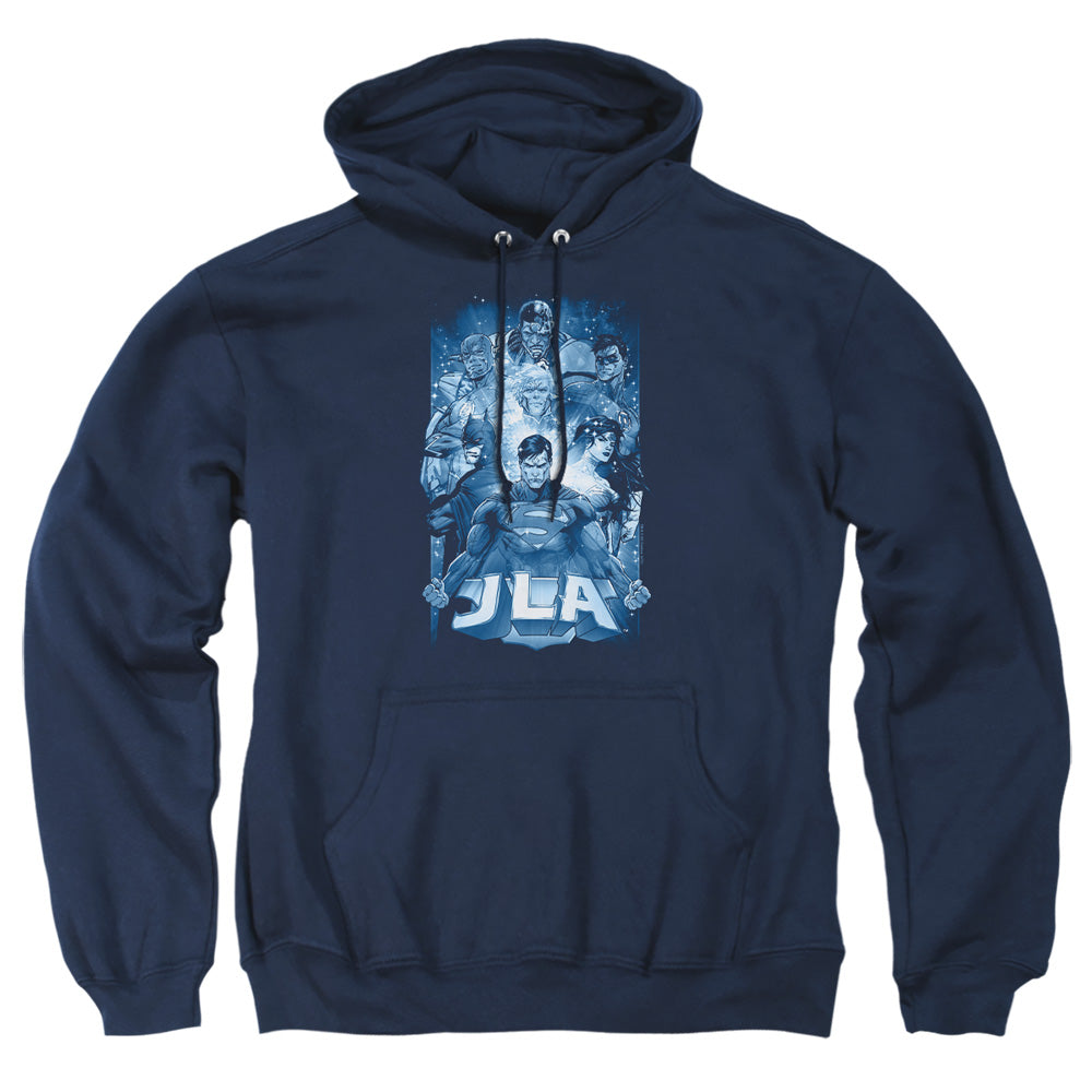 AN OFFCIALLY LICENSED JLA BURST ADULT UNISEX PULLOVER HOODIE NAVY