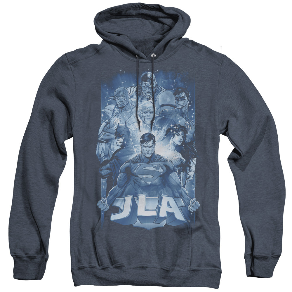 AN OFFCIALLY LICENSED JLA BURST ADULT UNISEX HEATHER PULLOVER HOODIE NAVY