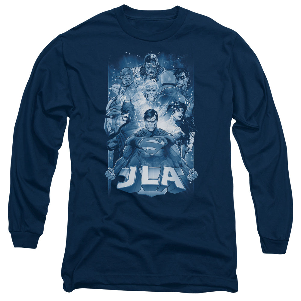 AN OFFCIALLY LICENSED JLA BURST MEN'S LONG SLEEVE T-SHIRT NAVY