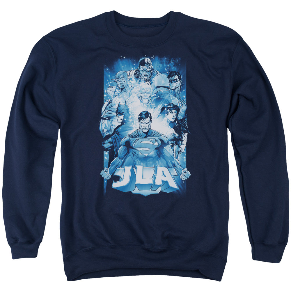 AN OFFCIALLY LICENSED JLA BURST ADULT UNISEX CREWNECK SWEATSHIRT NAVY