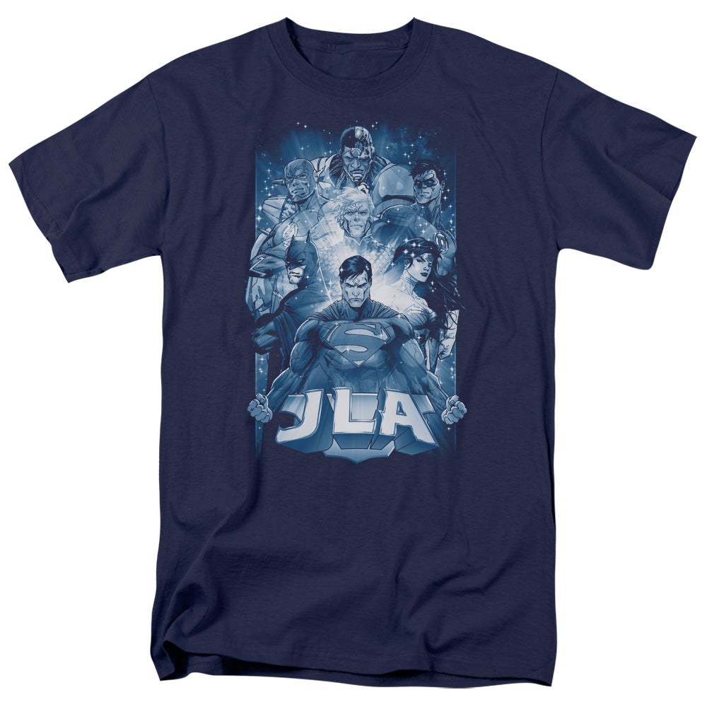 AN OFFCIALLY LICENSED JLA BURST MEN'S REGULAR FIT T-SHIRT NAVY