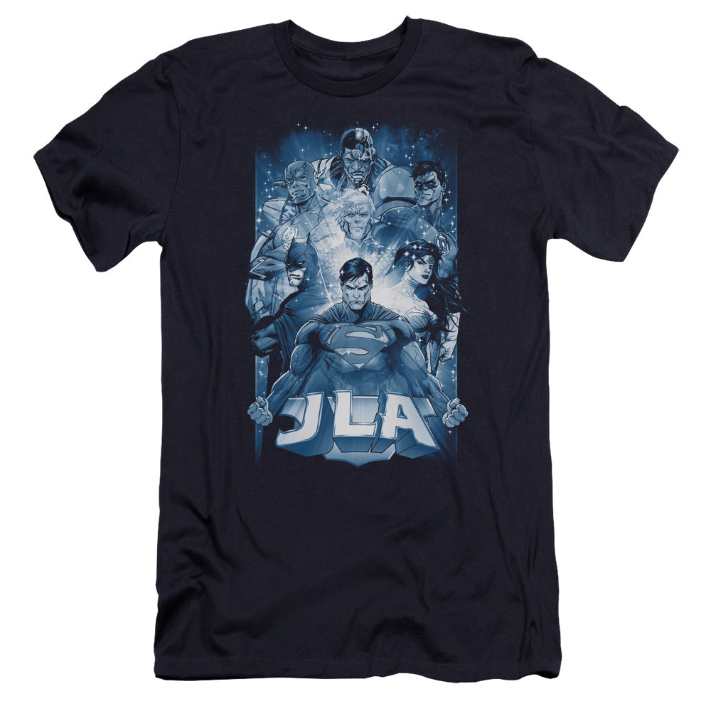 AN OFFCIALLY LICENSED JLA BURST MEN'S PREMIUM SLIM FIT T-SHIRT NAVY