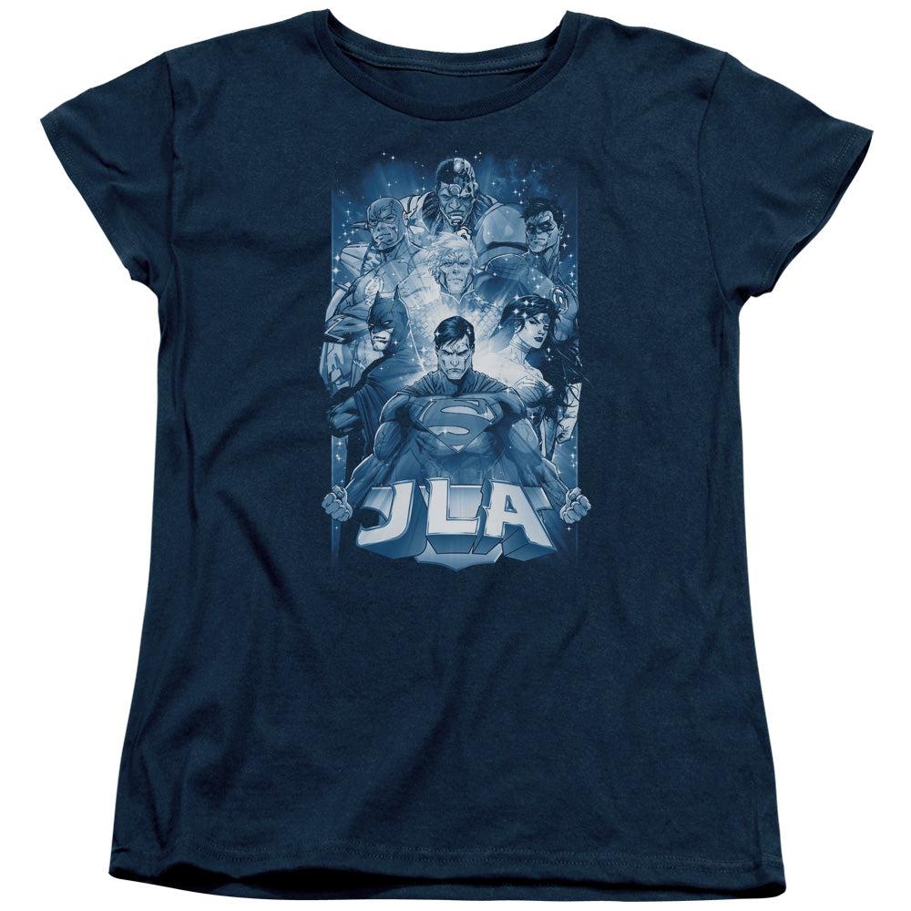 AN OFFCIALLY LICENSED JLA BURST WOMEN'S REGULAR FIT T-SHIRT NAVY