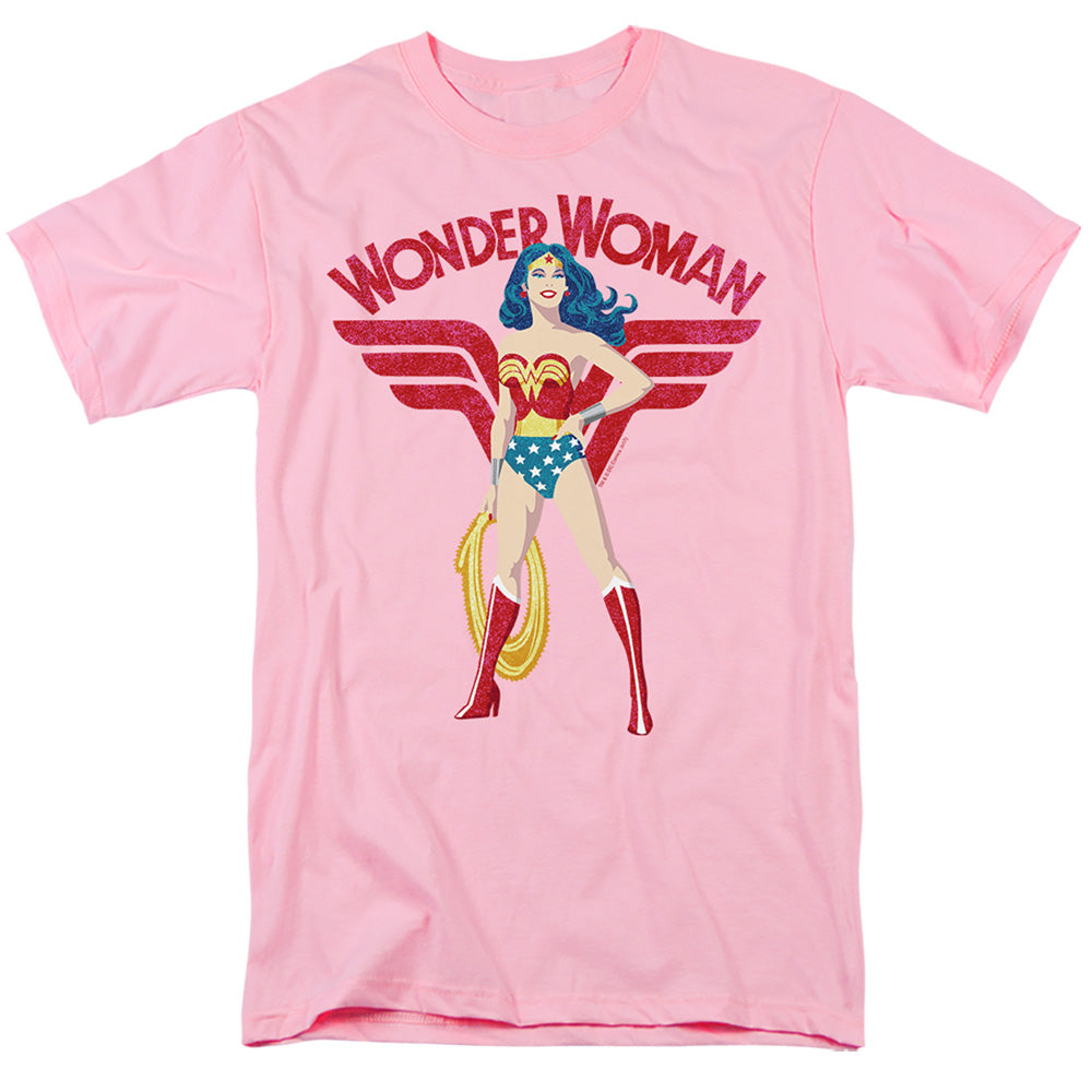 AN OFFCIALLY LICENSED JLA WW SPARKLE MEN'S REGULAR FIT T-SHIRT PINK