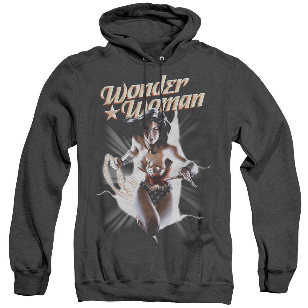 AN OFFCIALLY LICENSED JLA WW BREAK OUT ADULT UNISEX HEATHER PULLOVER HOODIE BLACK