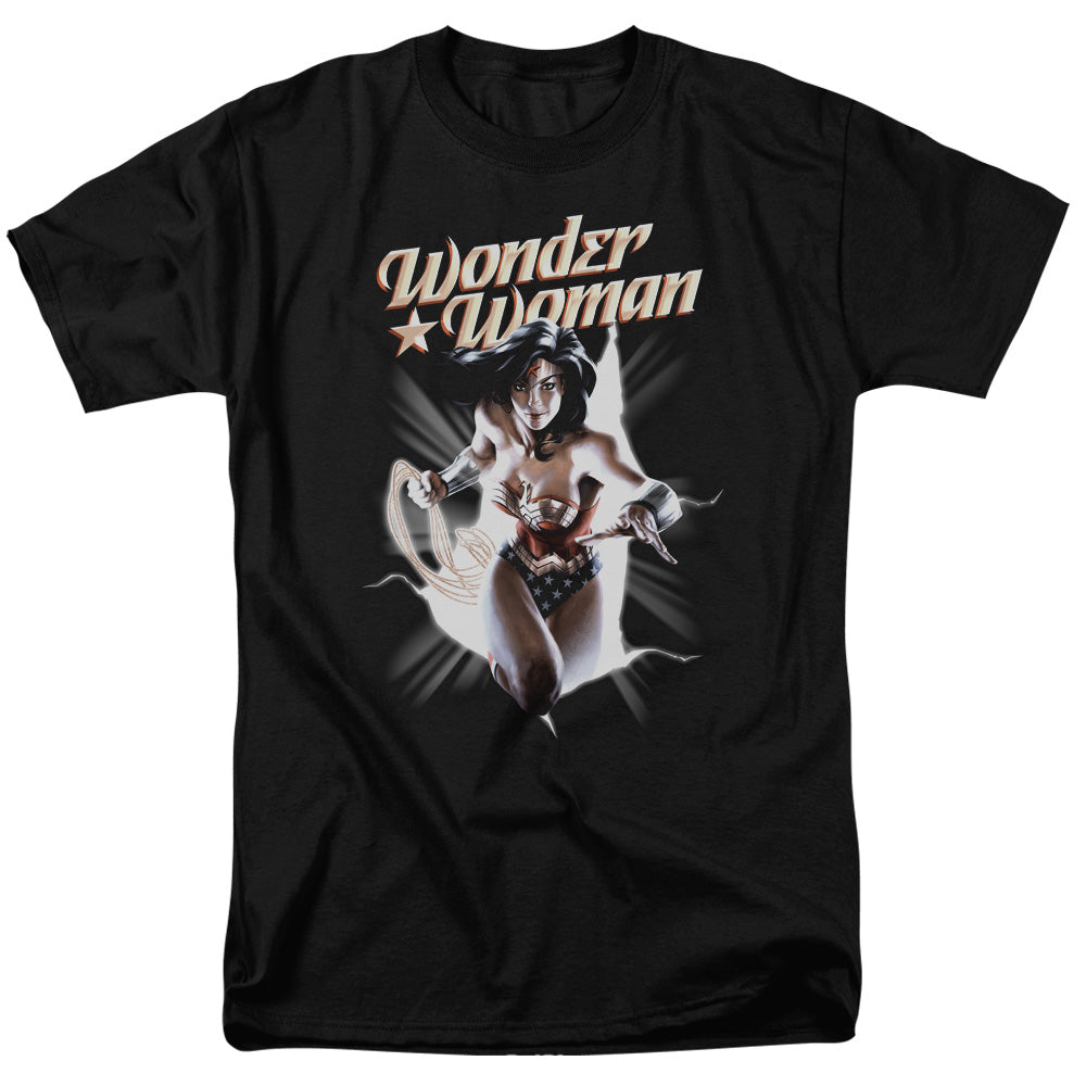 AN OFFCIALLY LICENSED JLA WW BREAK OUT MEN'S REGULAR FIT T-SHIRT BLACK
