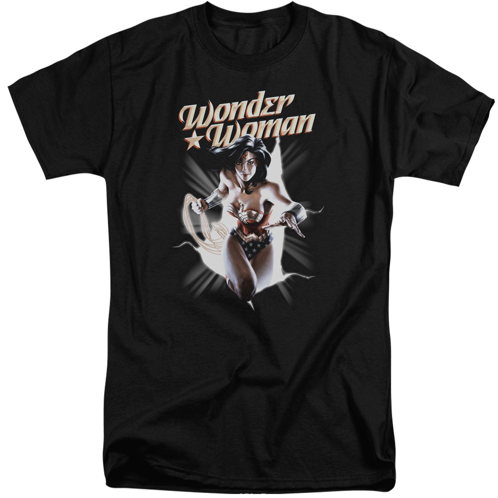 AN OFFCIALLY LICENSED JLA WW BREAK OUT MEN'S TALL FIT T-SHIRT BLACK