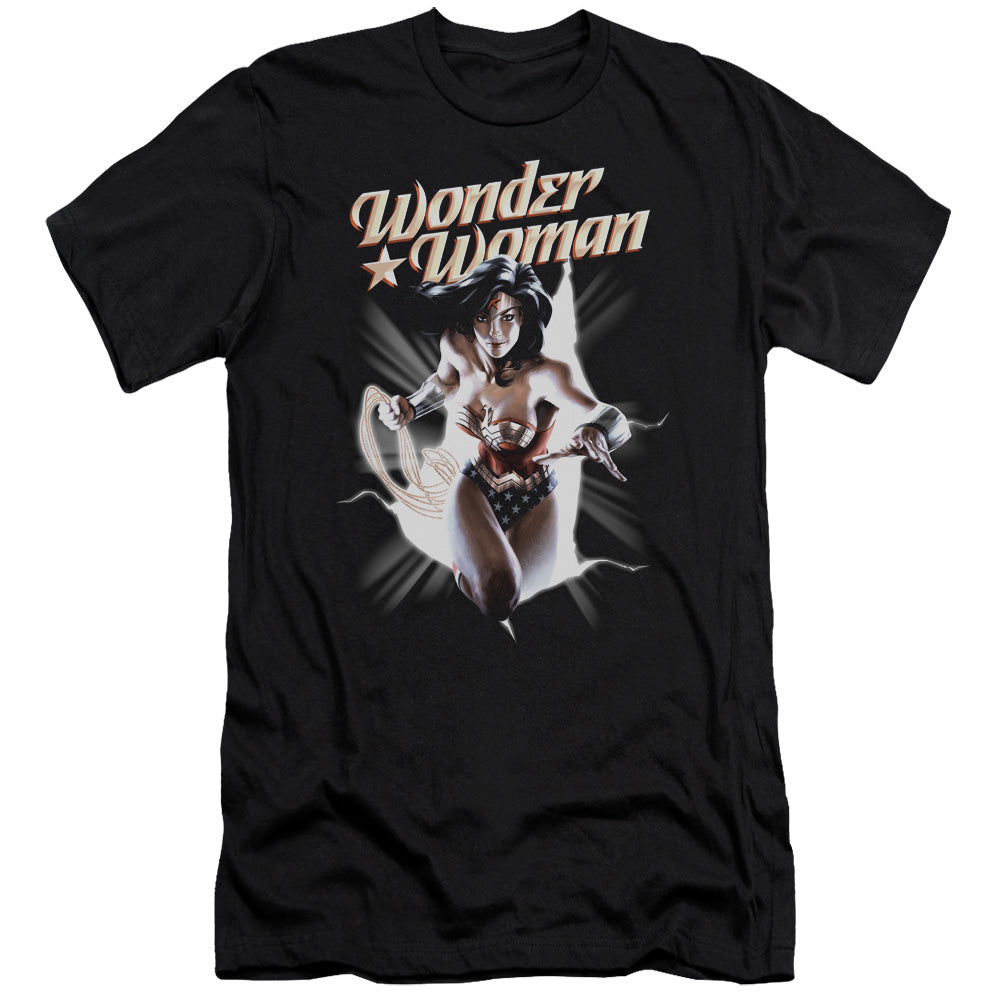 AN OFFCIALLY LICENSED JLA WW BREAK OUT MEN'S PREMIUM SLIM FIT T-SHIRT BLACK