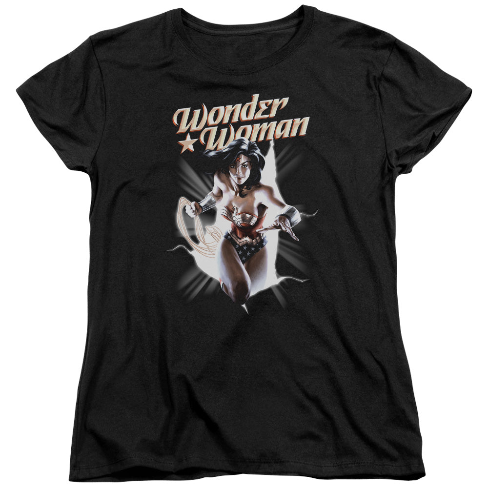 AN OFFCIALLY LICENSED JLA WW BREAK OUT WOMEN'S REGULAR FIT T-SHIRT BLACK