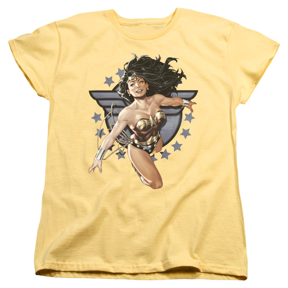 AN OFFCIALLY LICENSED JLA WW ALL STAR WOMEN'S REGULAR FIT T-SHIRT BANANA