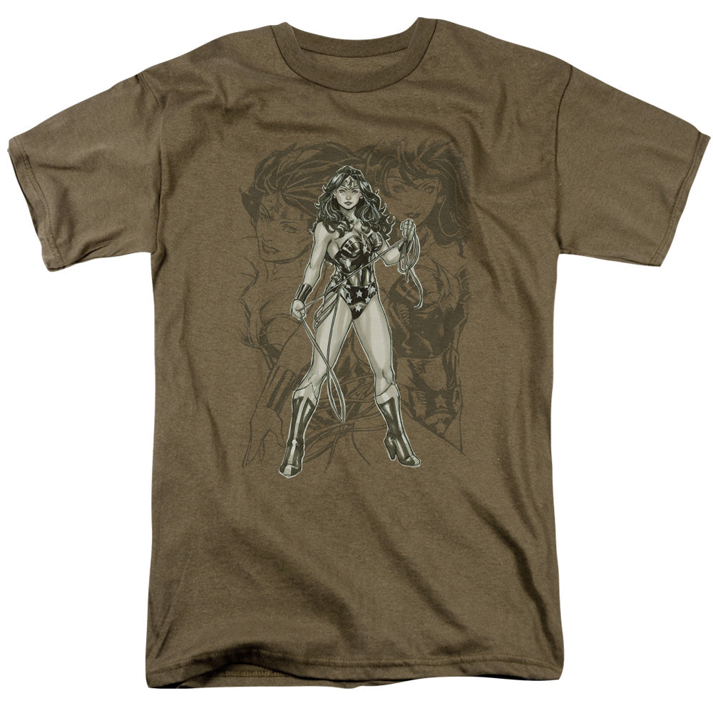AN OFFCIALLY LICENSED JLA WW SKETCH MEN'S REGULAR FIT T-SHIRT SAFARI GREEN