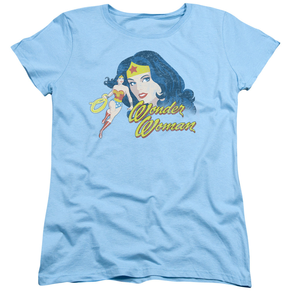 AN OFFCIALLY LICENSED JLA PORTRAIT WOMEN'S REGULAR FIT T-SHIRT LIGHT BLUE
