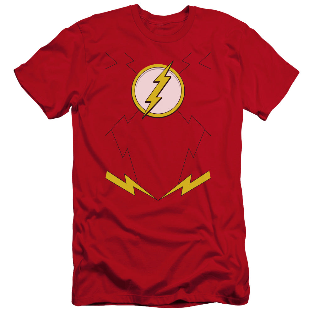 AN OFFCIALLY LICENSED JLA NEW FLASH UNIFORM MEN'S PREMIUM SLIM FIT T-SHIRT RED