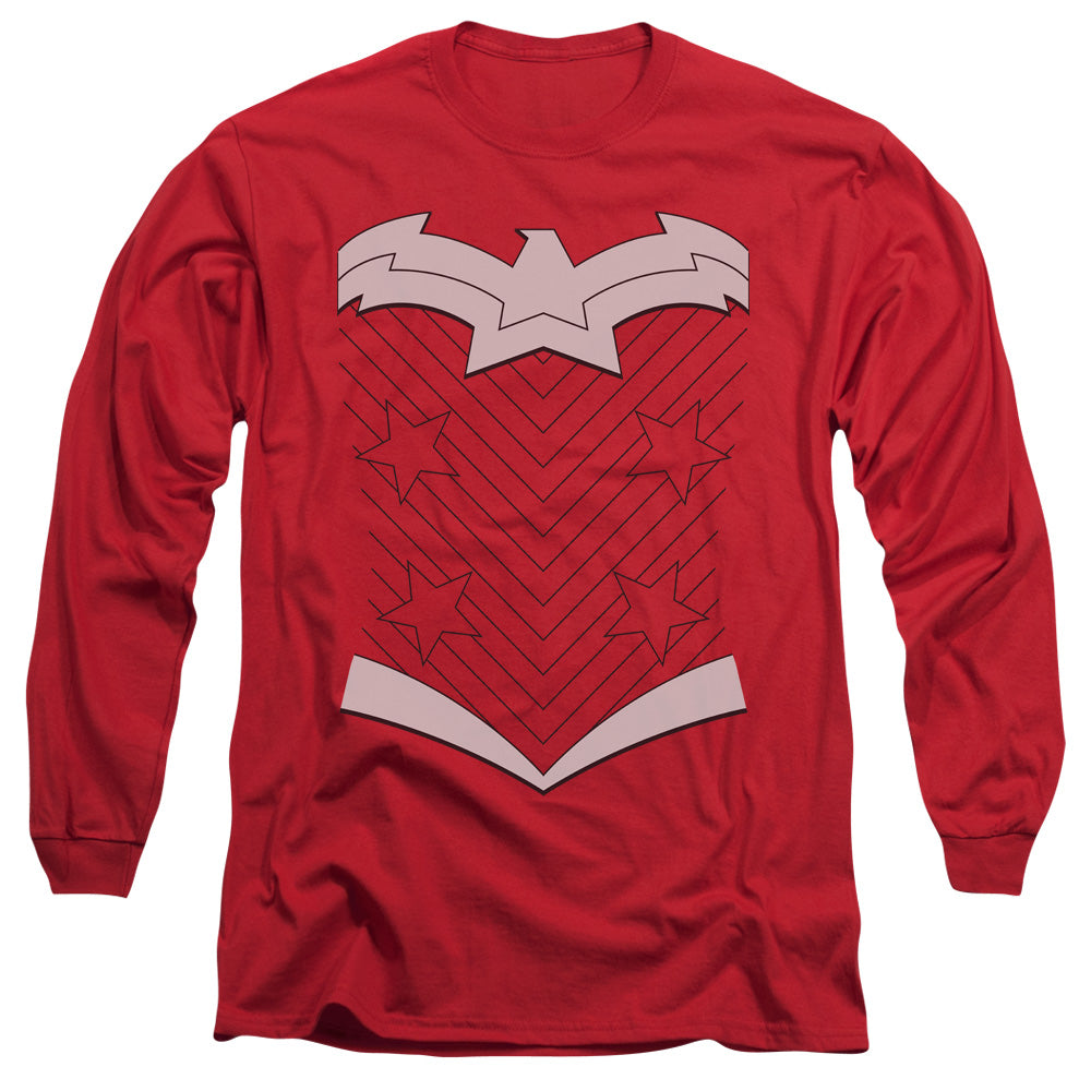 AN OFFCIALLY LICENSED JLA NEW WW UNIFORM MEN'S LONG SLEEVE T-SHIRT RED