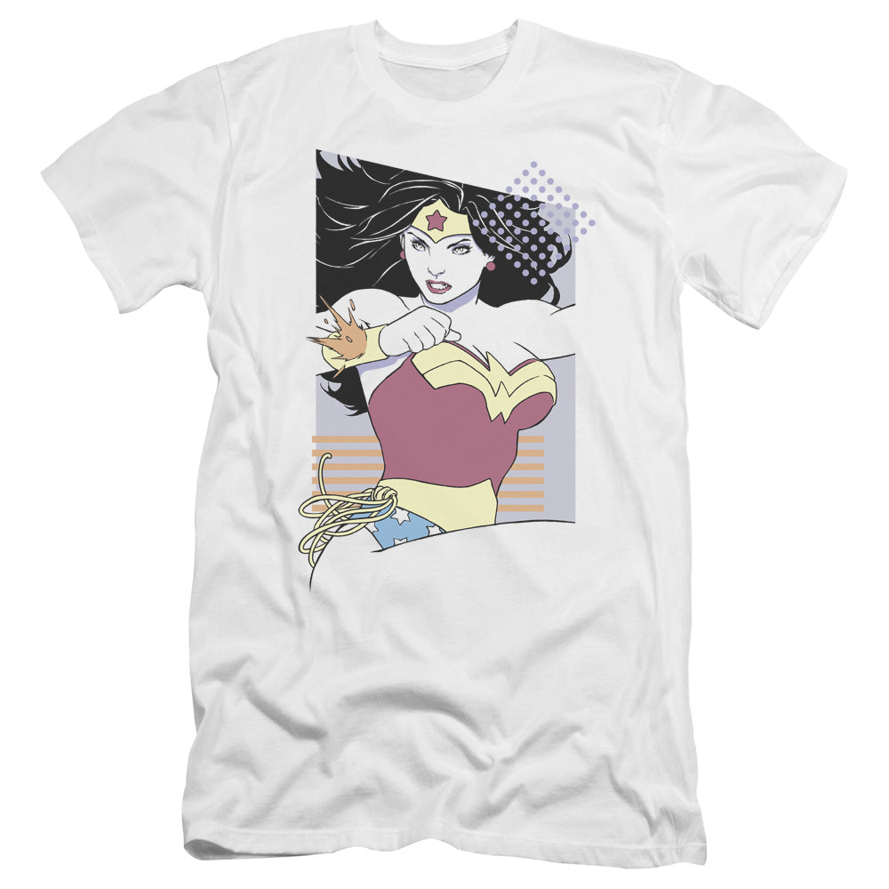 AN OFFCIALLY LICENSED JLA WW 80S MINIMAL MEN'S PREMIUM SLIM FIT T-SHIRT WHITE