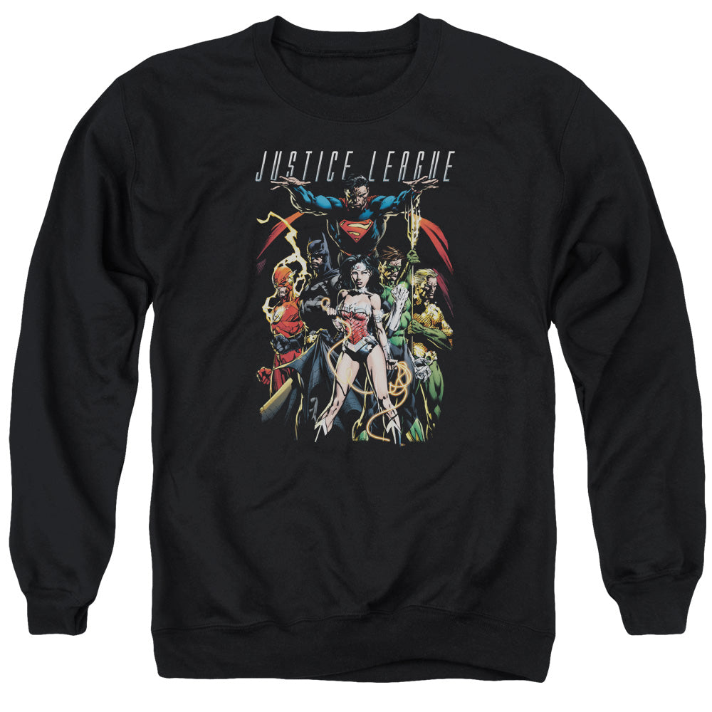 AN OFFCIALLY LICENSED JLA DARK DAYS ADULT UNISEX CREWNECK SWEATSHIRT BLACK