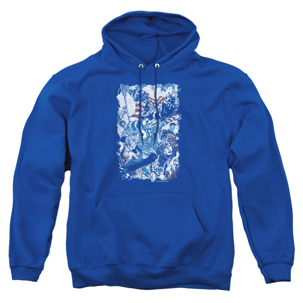 AN OFFCIALLY LICENSED JLA AMERICAN JUSTICE ADULT UNISEX PULLOVER HOODIE ROYAL