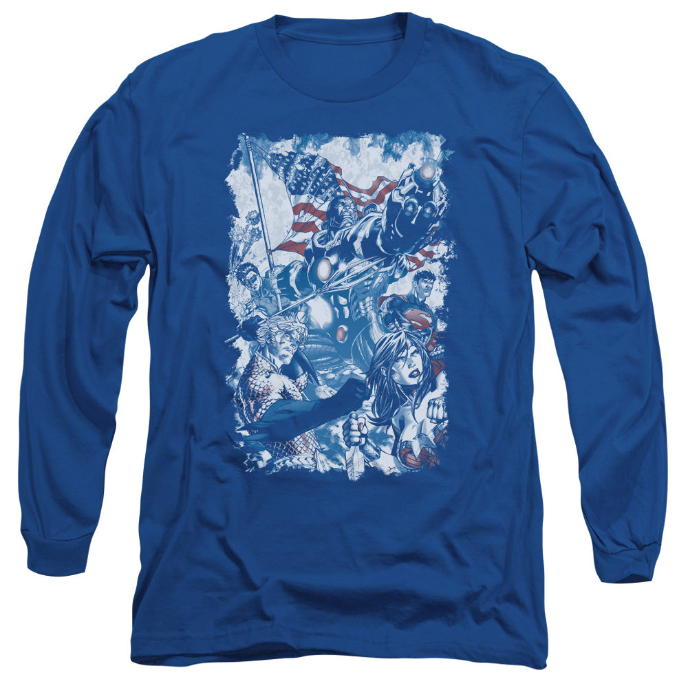 AN OFFCIALLY LICENSED JLA AMERICAN JUSTICE MEN'S LONG SLEEVE T-SHIRT ROYAL