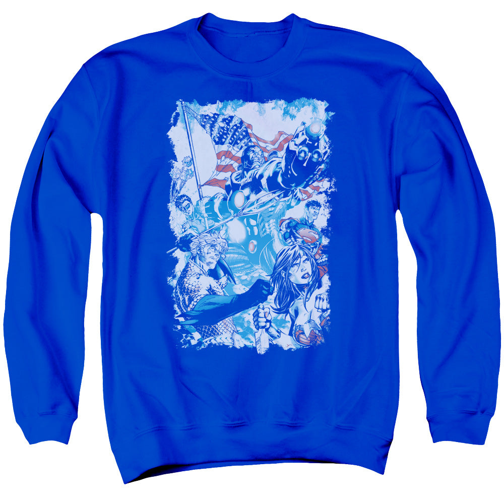 AN OFFCIALLY LICENSED JLA AMERICAN JUSTICE ADULT UNISEX CREWNECK SWEATSHIRT ROYAL