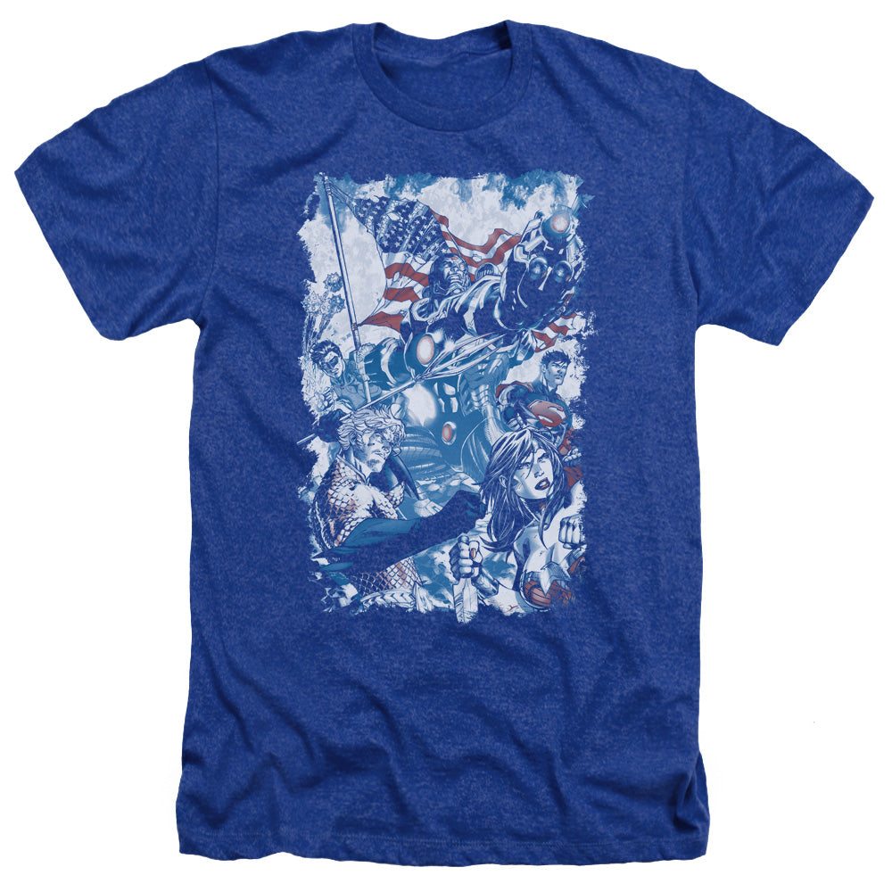 AN OFFCIALLY LICENSED JLA AMERICAN JUSTICE MEN'S HEATHER T-SHIRT ROYAL