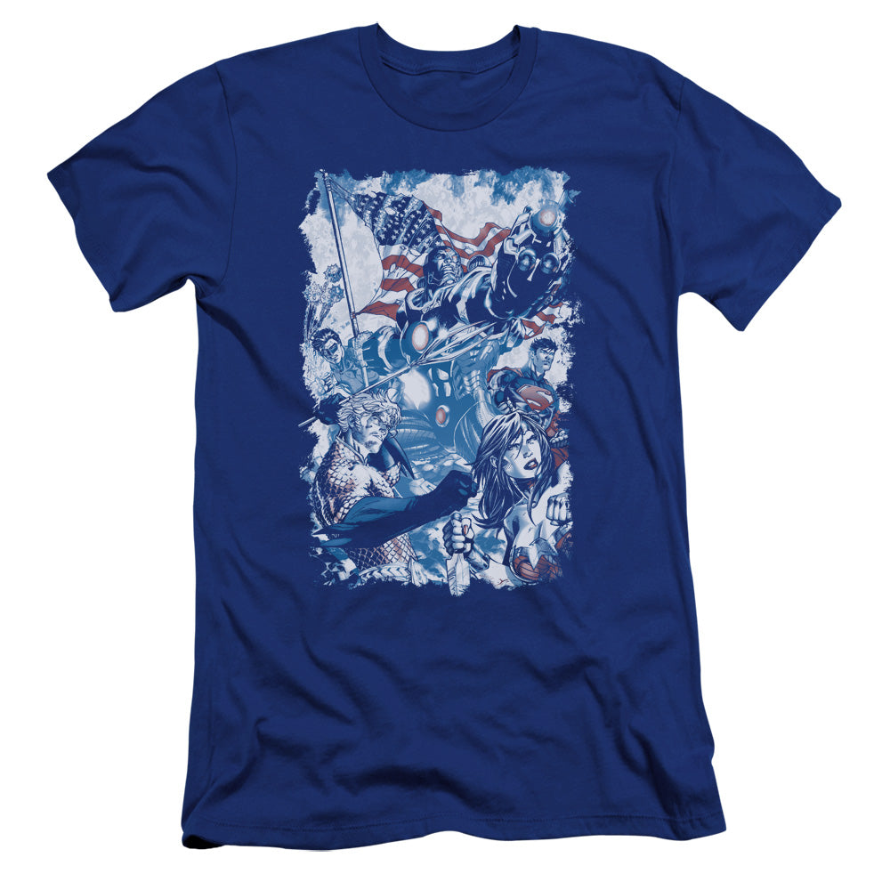AN OFFCIALLY LICENSED JLA AMERICAN JUSTICE MEN'S PREMIUM SLIM FIT T-SHIRT ROYAL