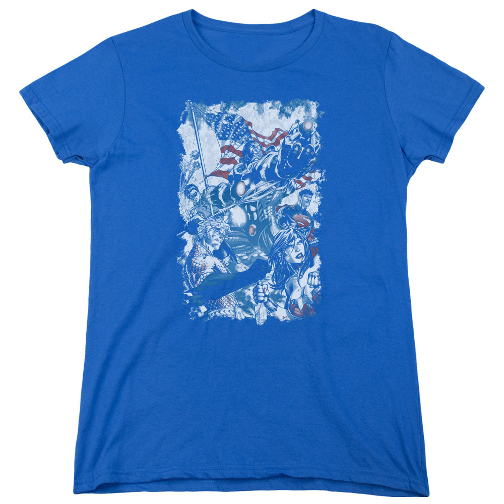 AN OFFCIALLY LICENSED JLA AMERICAN JUSTICE WOMEN'S REGULAR FIT T-SHIRT ROYAL